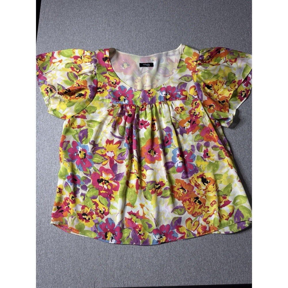 Rafaela Women's Multicolored Floral Short Sleeve Blouse Size XL Babydoll, Fairy